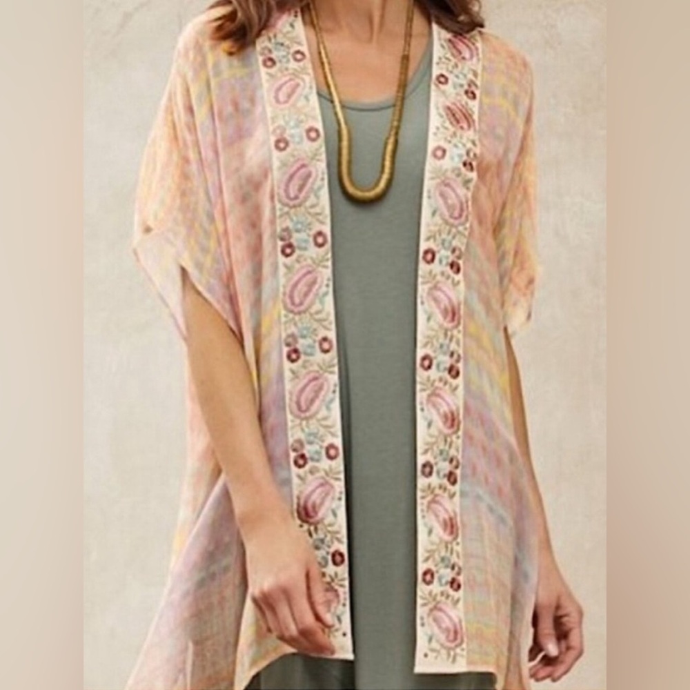Soft Surroundings S/M Embroidered Watercolor Tie Dye Kimono Pink Boho Fairycore